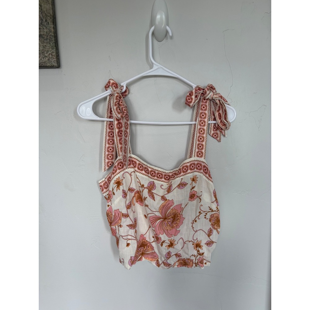 Rose + Olive Resort Floral Tie Shoulder Crop Top Pink Orange Boho Smocked Med